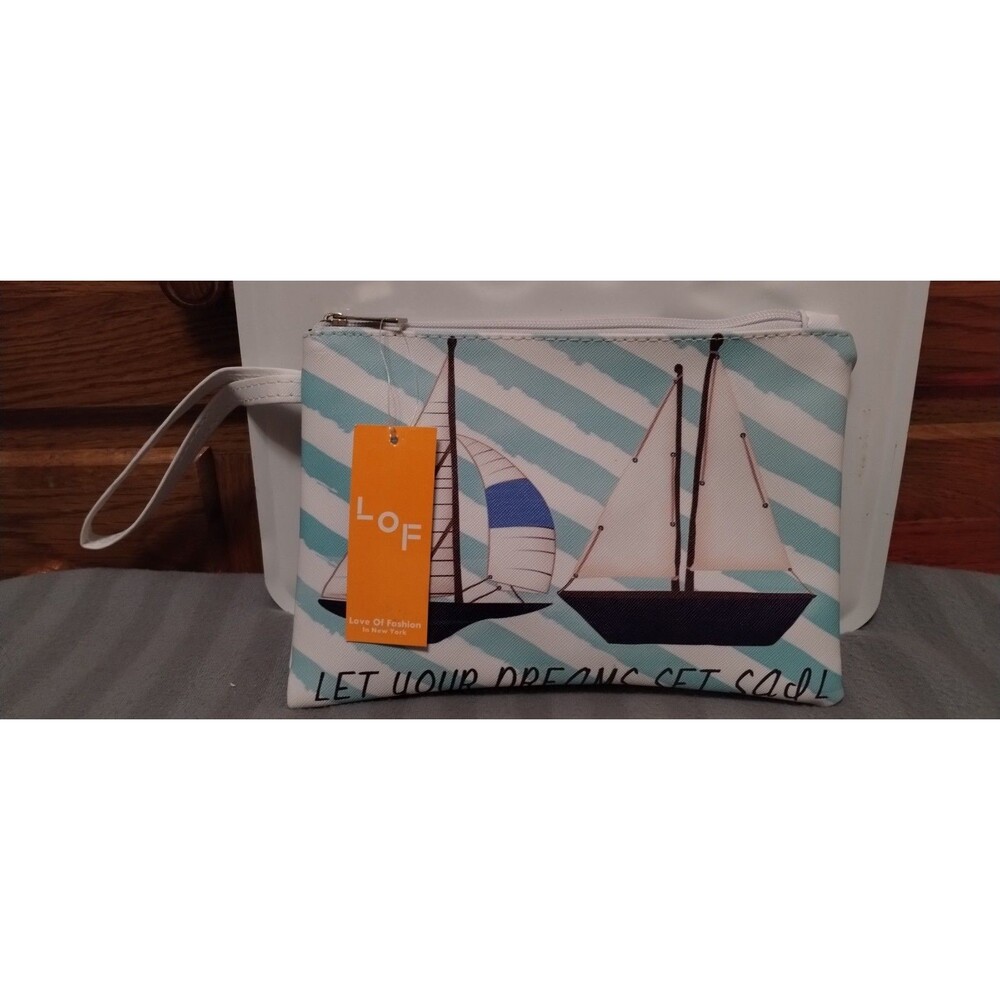 LOF Canvas Zipper Makeup Bag Blue/White Stripes Sailboat Print 9x5.5in
